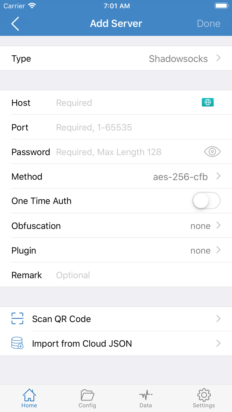 Shadowrocket Add Server 화면: Type, Host, Port, Password, Method와 하단 가져오기 메뉴 표시